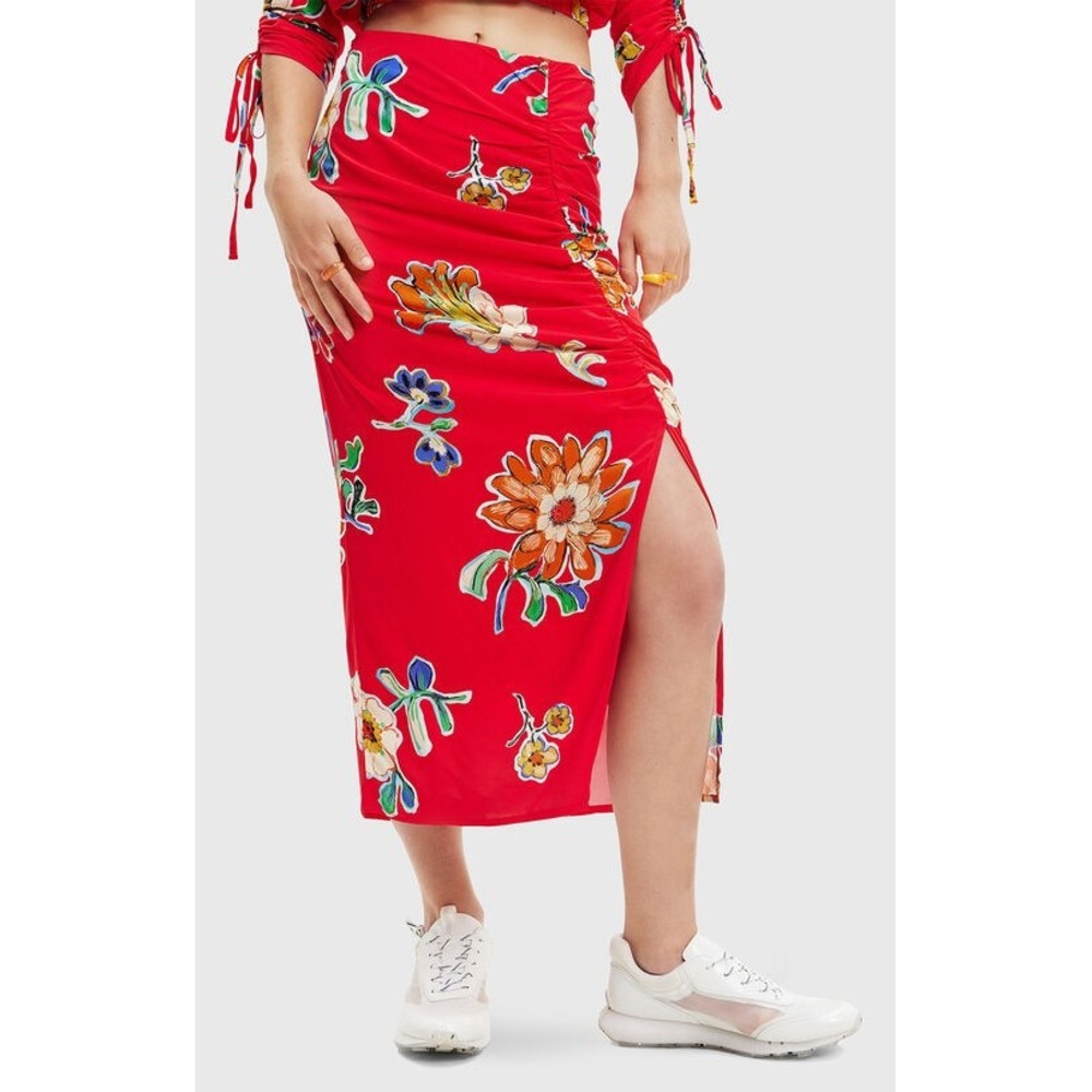 Desigual NWT Red Floral Gathered Rayon Slit Midi Skirt Small Summer Resortwear